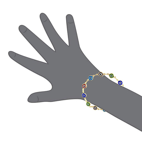 The Unisex Bracelet with Multi Color Turkish Evil Eye Spiritual Protection Luck Ojo Turco, adorned with eye motif circular charms, reminiscent of the Turkish Evil Eye, is elegantly arranged around a gray illustrated hand on a white background. Designed for spiritual protection, certain elements are delicately 14k gold-filled.